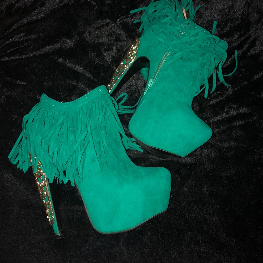 Green fringe booties